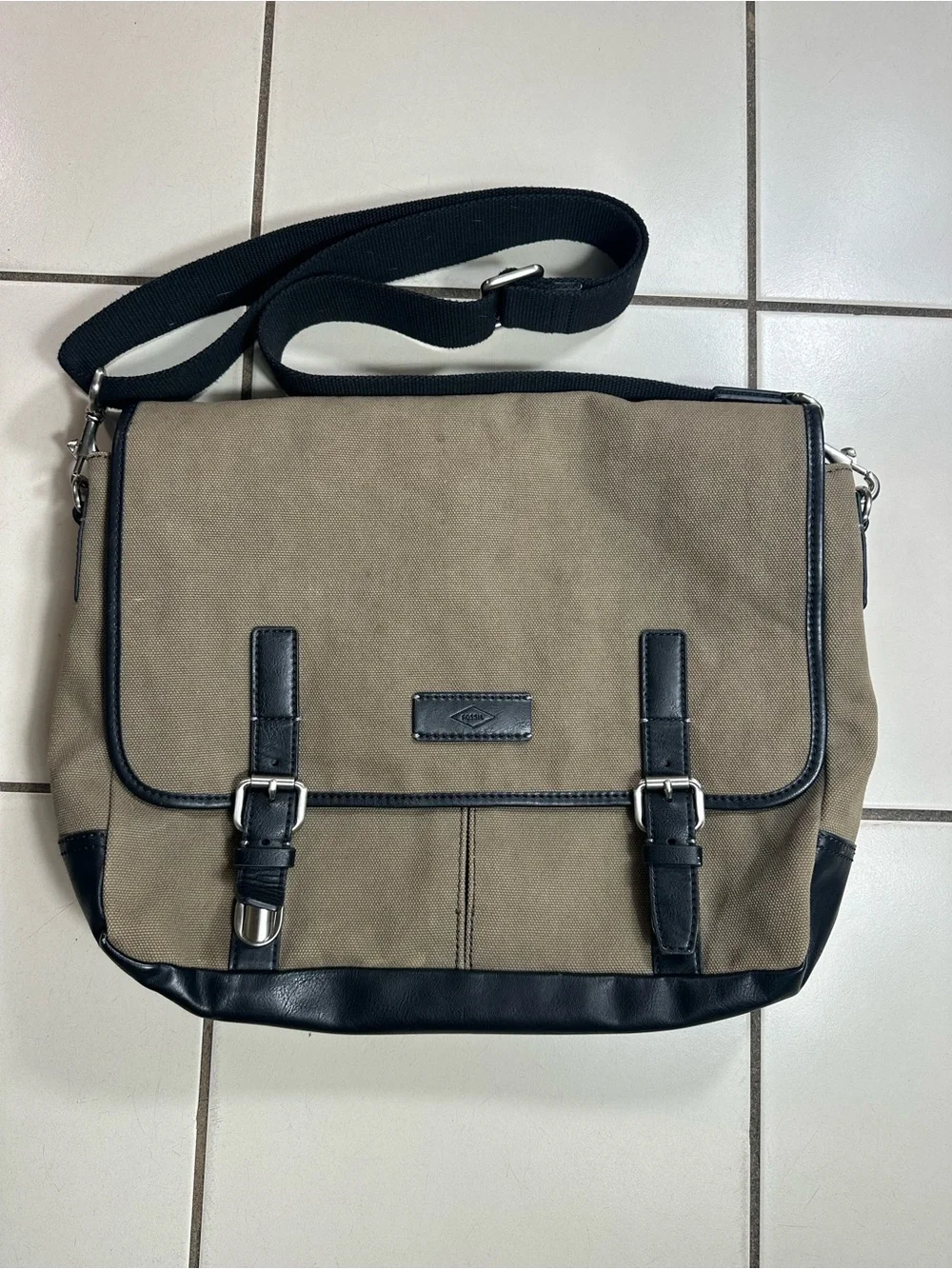 Fossil Tan Canvas Messenger Bag with Black Trim